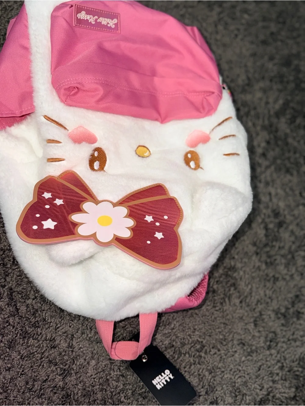 Hello Kitty White Plush Backpack with Pink Accents and Decorative Bow